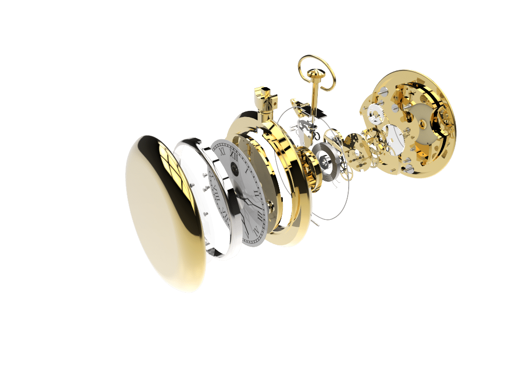 exploded render view of a pocket watch